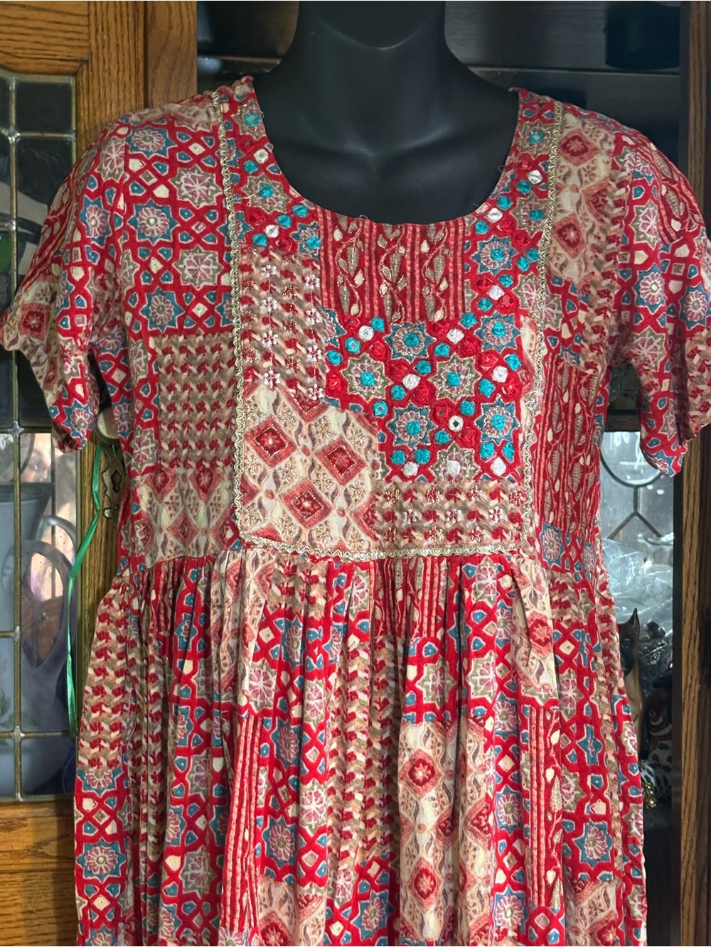 India Red patchwork crinkle boho midi dress d4 - Picture 6 of 10